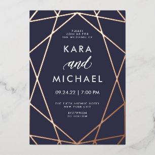 Minimalistisch modern Roos Gold op donkerblauw   W Folie Uitnodiging