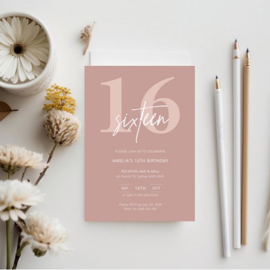 Minimalistisch Modern Roze 16e Verjaardagsfeest Kaart