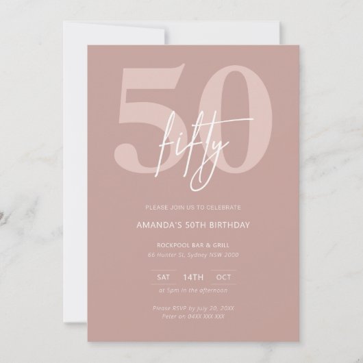 Minimalistisch Modern Roze 50ste Verjaardagsfeest Kaart (Voorkant)