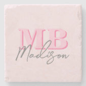 Minimalistisch Modern Roze Initiaal Monogram Stenen Onderzetter (Voorkant)