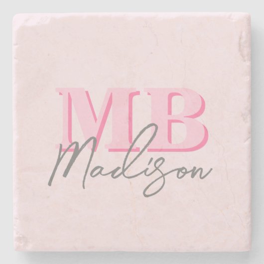 Minimalistisch Modern Roze Initiaal Monogram Stenen Onderzetter (Voorkant)