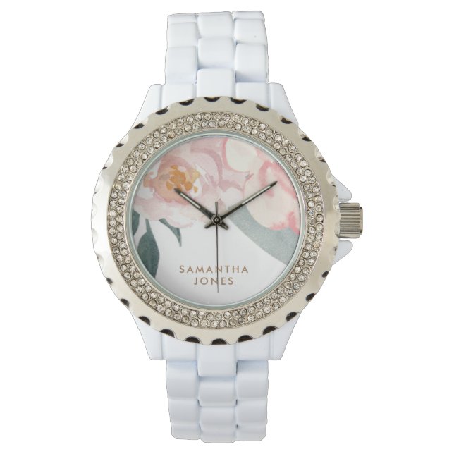 Minimalistisch Modern Roze Peonie Bloemen Waterver Horloge (Voorkant)