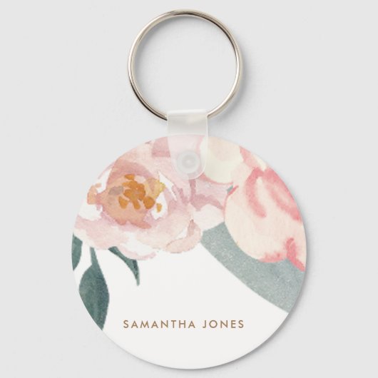 Minimalistisch Modern Roze Peonie Bloemen Waterver Sleutelhanger (Voorkant)