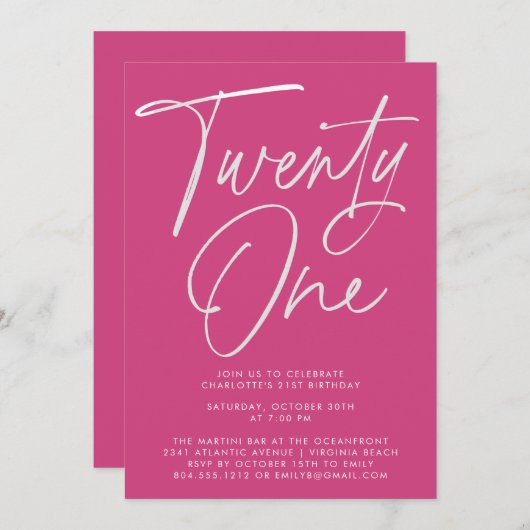 Minimalistisch Modern Roze Script 21e Verjaardag Kaart (Voorkant / Achterkant)