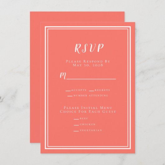Minimalistisch modern RSVP Menu Coral White (Voorkant / Achterkant)