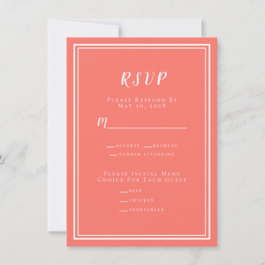 Minimalistisch modern RSVP Menu Coral White (Voorkant)
