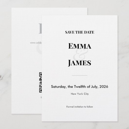 Minimalistisch modern Save the Date Kaart | QR-cod (Voorkant / Achterkant)