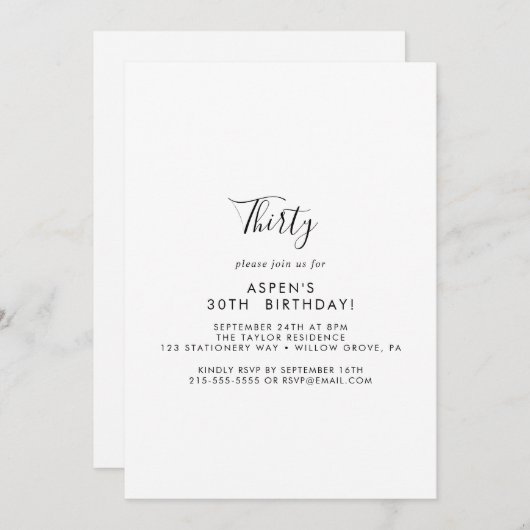 Minimalistisch Modern Script 30e verjaardag uitnod Kaart (Voorkant / Achterkant)