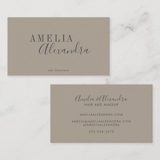 Minimalistisch modern script Boho Neutral Taupe Gr Visitekaartje (Voorkant / Achterkant)
