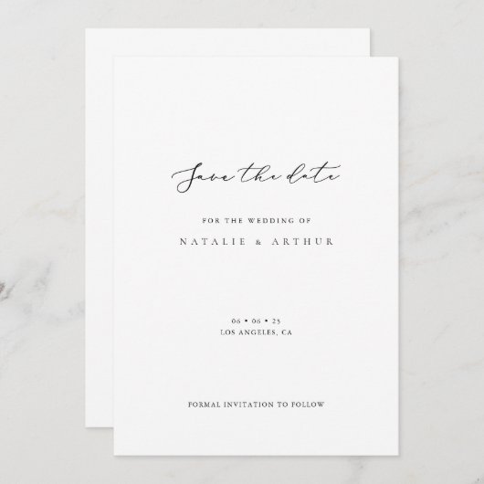 Minimalistisch modern script bruiloft opslaan van save the date (Voorkant / Achterkant)