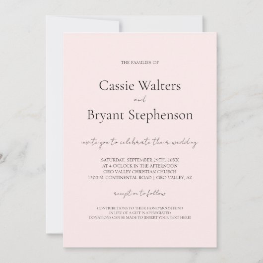 Minimalistisch modern script chique blush roze bru kaart (Voorkant)