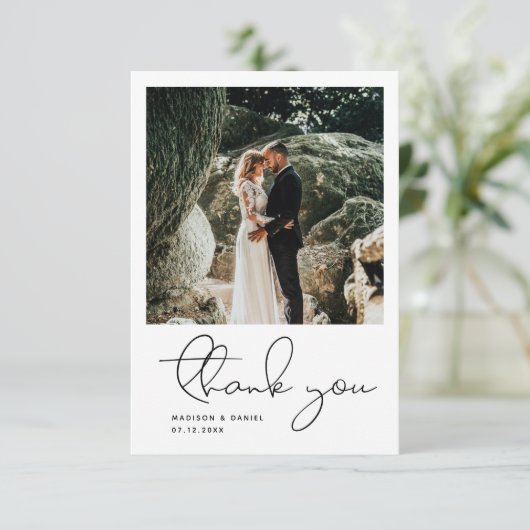 Minimalistisch modern script foto Simple Wedding  Bedankkaart (Staand voorkant)