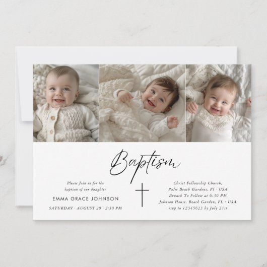 Minimalistisch Modern Script Fotocollage Doop Kaart (Voorkant)