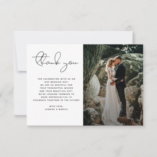 Minimalistisch modern script foto's simpele bruilo bedankkaart (Voorkant)