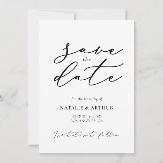 Minimalistisch modern script huwelijksfeest save the date (Voorkant)