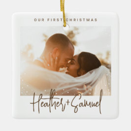 Minimalistisch modern script | Kerstsneeuwfoto Keramisch Ornament