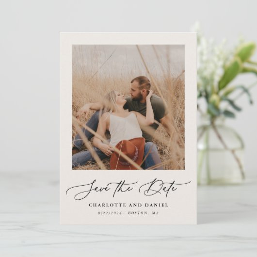 Minimalistisch modern script Lijst beige Save The Date (Staand voorkant)