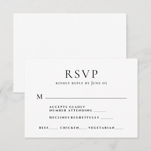 Minimalistisch modern script maaltijdkeuze bruilof RSVP kaartje (Voorkant / Achterkant)
