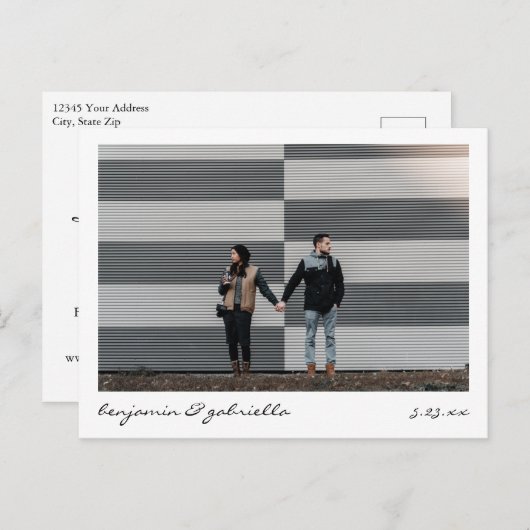 Minimalistisch modern script met foto-bruiloft aankondigingskaart (Voorkant / Achterkant)