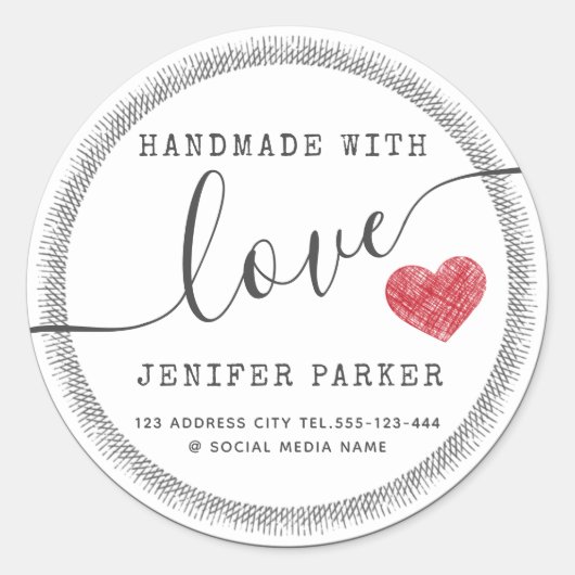 Minimalistisch modern script met rood hart ronde sticker (Voorkant)