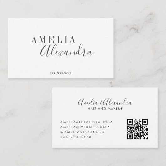 Minimalistisch modern script QR Code Black White Visitekaartje (Voorkant / Achterkant)