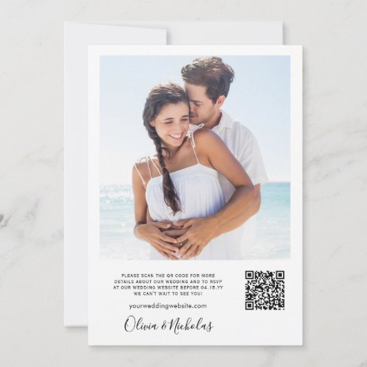 Minimalistisch modern script QR code foto bruiloft Kaart (Achterkant)