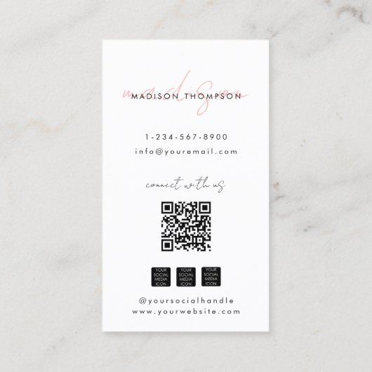 Minimalistisch Modern Script QR Code Social Media  Visitekaartje (Achterkant)