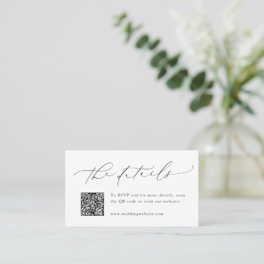 Minimalistisch Modern Script QR Code Wedding Detai Plaatskaartje (Staand voorkant)