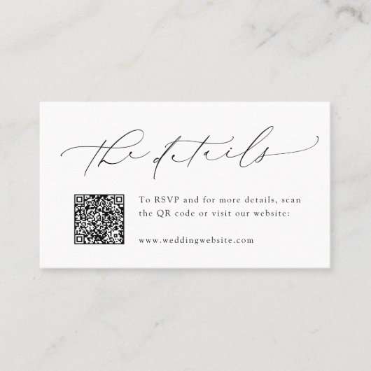 Minimalistisch Modern Script QR Code Wedding Detai Plaatskaartje (Voorkant)