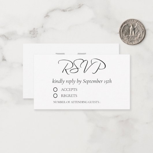 Minimalistisch Modern Script RSVP Monogram Bruilof Notitiekaartje (Voorkant / Achterkant in situ)