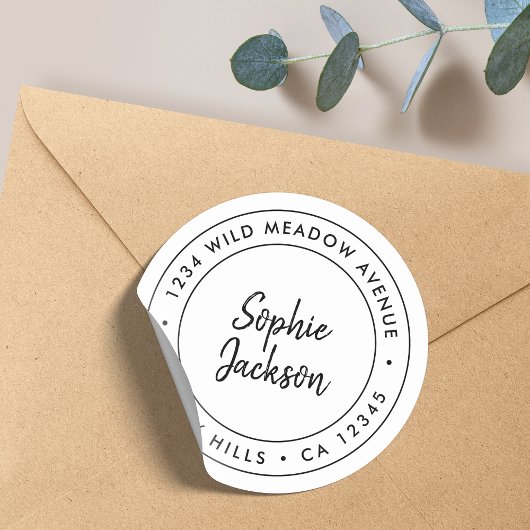 Minimalistisch modern script | Terugkeeradres gren Ronde Sticker