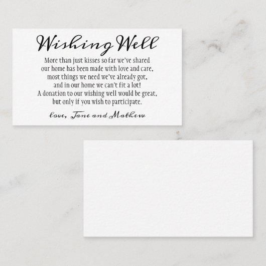 Minimalistisch Modern Script Wedding Wishing Well Visitekaartje (Voorkant / Achterkant)