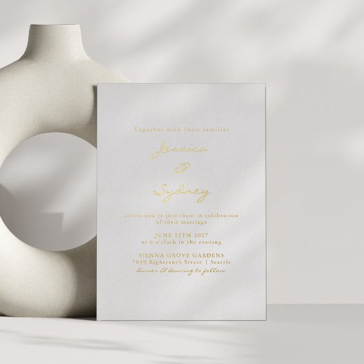 Minimalistisch Modern Script Wedding Wit en Goud Folie Uitnodiging