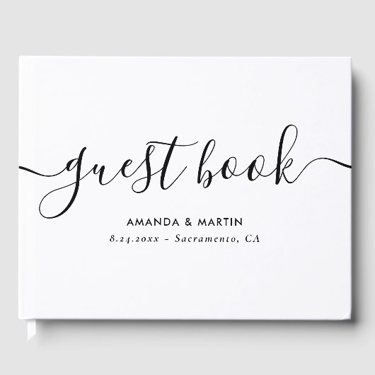 Minimalistisch modern script zwart-wit bruiloft gastenboek (Voorkant)