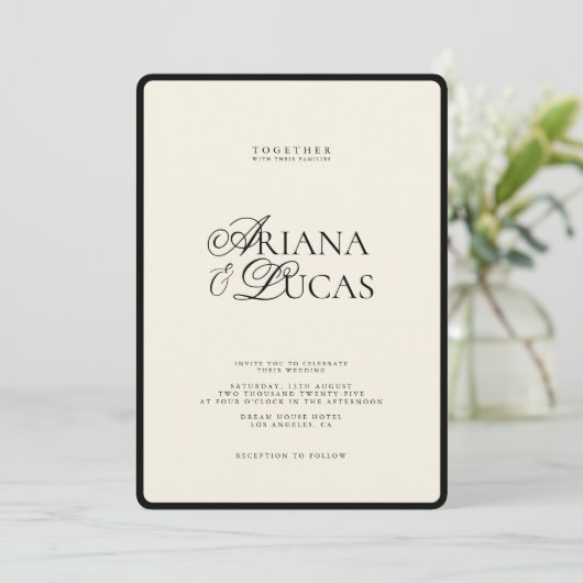 Minimalistisch modern script zwart-wit huwelijk kaart (Staand voorkant)