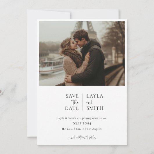 Minimalistisch Modern Script Zwart Wit Trouwfoto Save The Date (Voorkant)
