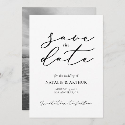 Minimalistisch modern scriptuur huwelijk save the date (Voorkant / Achterkant)