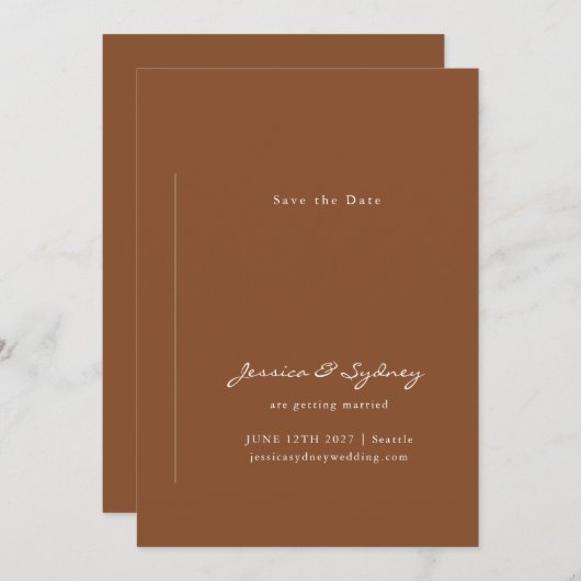 Minimalistisch modern Sienna Brown Script Wedding Save The Date (Voorkant / Achterkant)