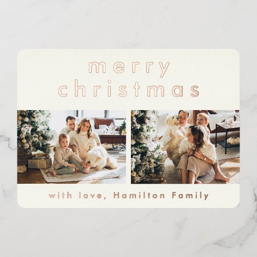 Minimalistisch modern, vrolijk kerstfeest met twee folie feestdagenkaart (Voorkant)