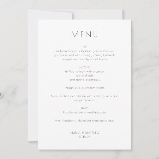 Minimalistisch Modern Wit Eenvoudig Bruiloft Menu Kaart (Voorkant)