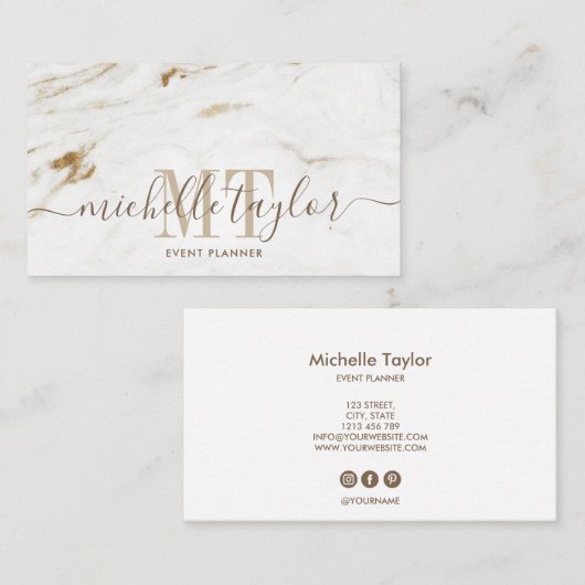 Minimalistisch modern wit marmer monogram visitekaartje (Voorkant / Achterkant)