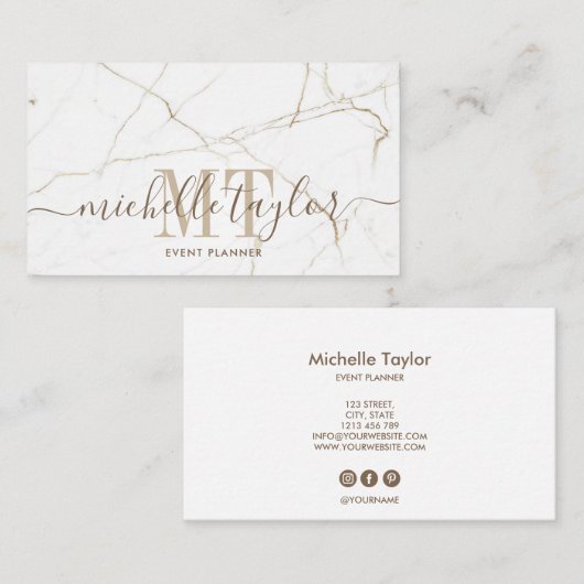 Minimalistisch modern wit marmer monogram visitekaartje (Voorkant / Achterkant)
