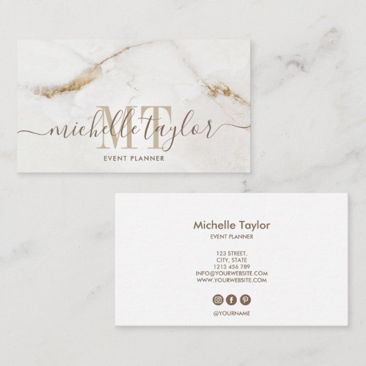 Minimalistisch modern wit marmer monogram visitekaartje (Voorkant / Achterkant)
