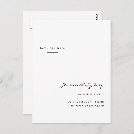 Minimalistisch modern wit script bewaar de datum briefkaart (Voorkant / Achterkant)