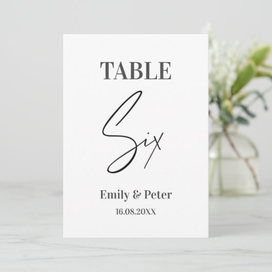 Minimalistisch modern, wit WEDDING SIX-tabelnummer Bedankkaart (Staand voorkant)