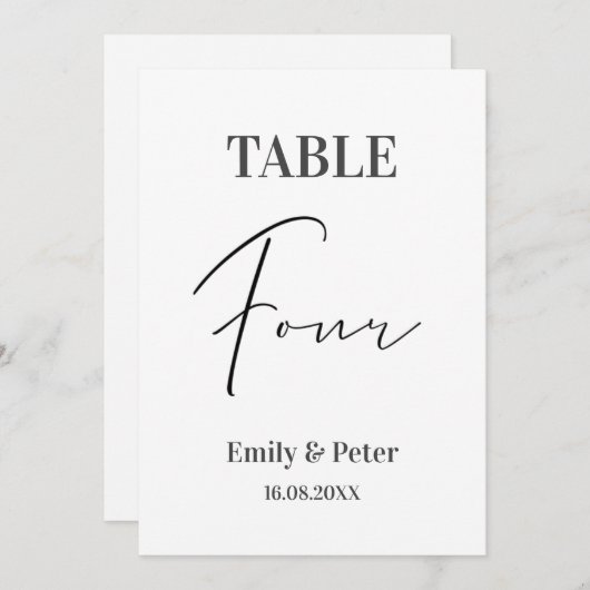 Minimalistisch modern wit WEDDING VIER tabelnummer Bedankkaart (Voorkant / Achterkant)