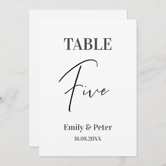 Minimalistisch modern, wit WEDDING VIJF tabelnumme Bedankkaart (Voorkant / Achterkant)
