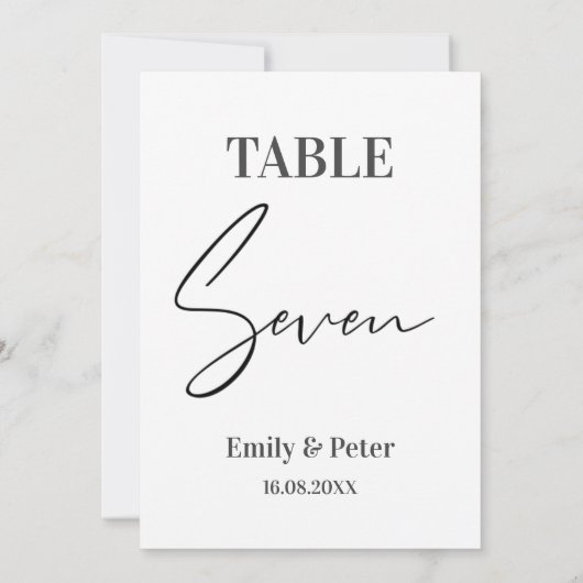 Minimalistisch modern, wit WEDDING ZEVEN-tabelnumm Bedankkaart (Achterkant)
