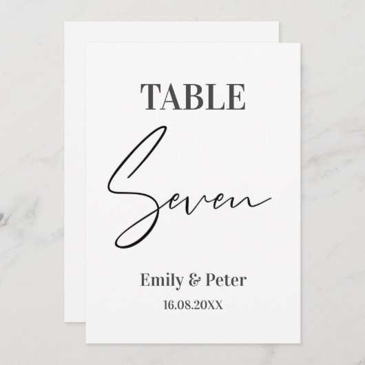 Minimalistisch modern, wit WEDDING ZEVEN-tabelnumm Bedankkaart (Voorkant / Achterkant)