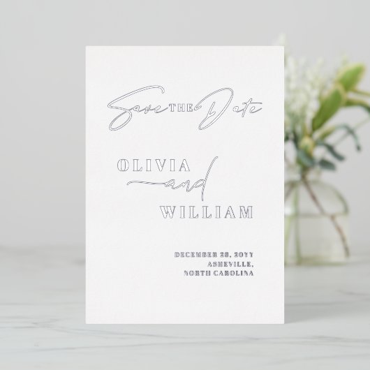 Minimalistisch modern wit zilver sparen de datum folie uitnodiging (Staand Voorkant)